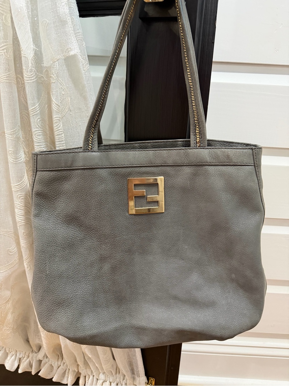Fendi Gray Nubuck Tote with Gold F Logo